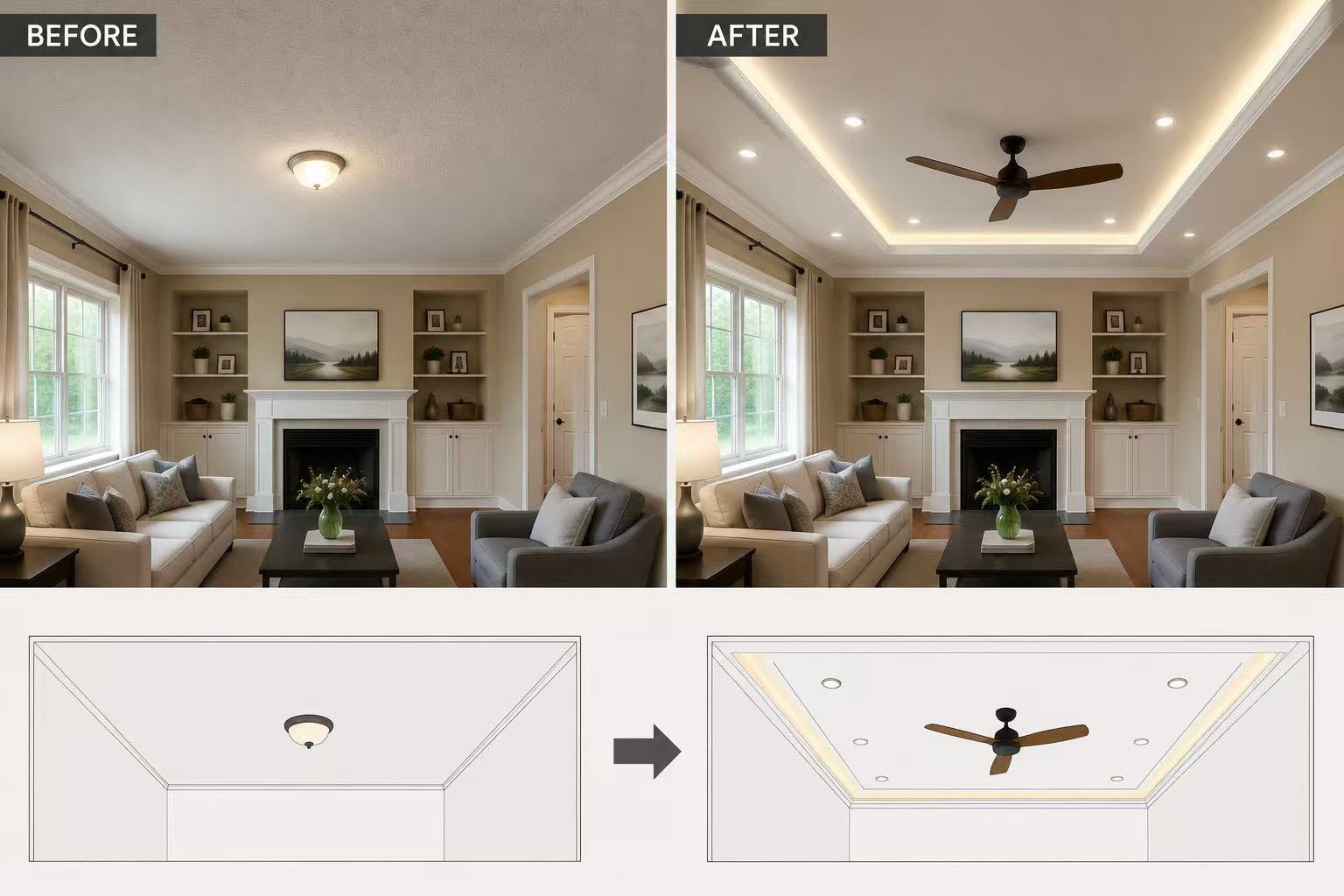 Ceiling Renovation Before & After: flat ceiling to architectural tray ceiling