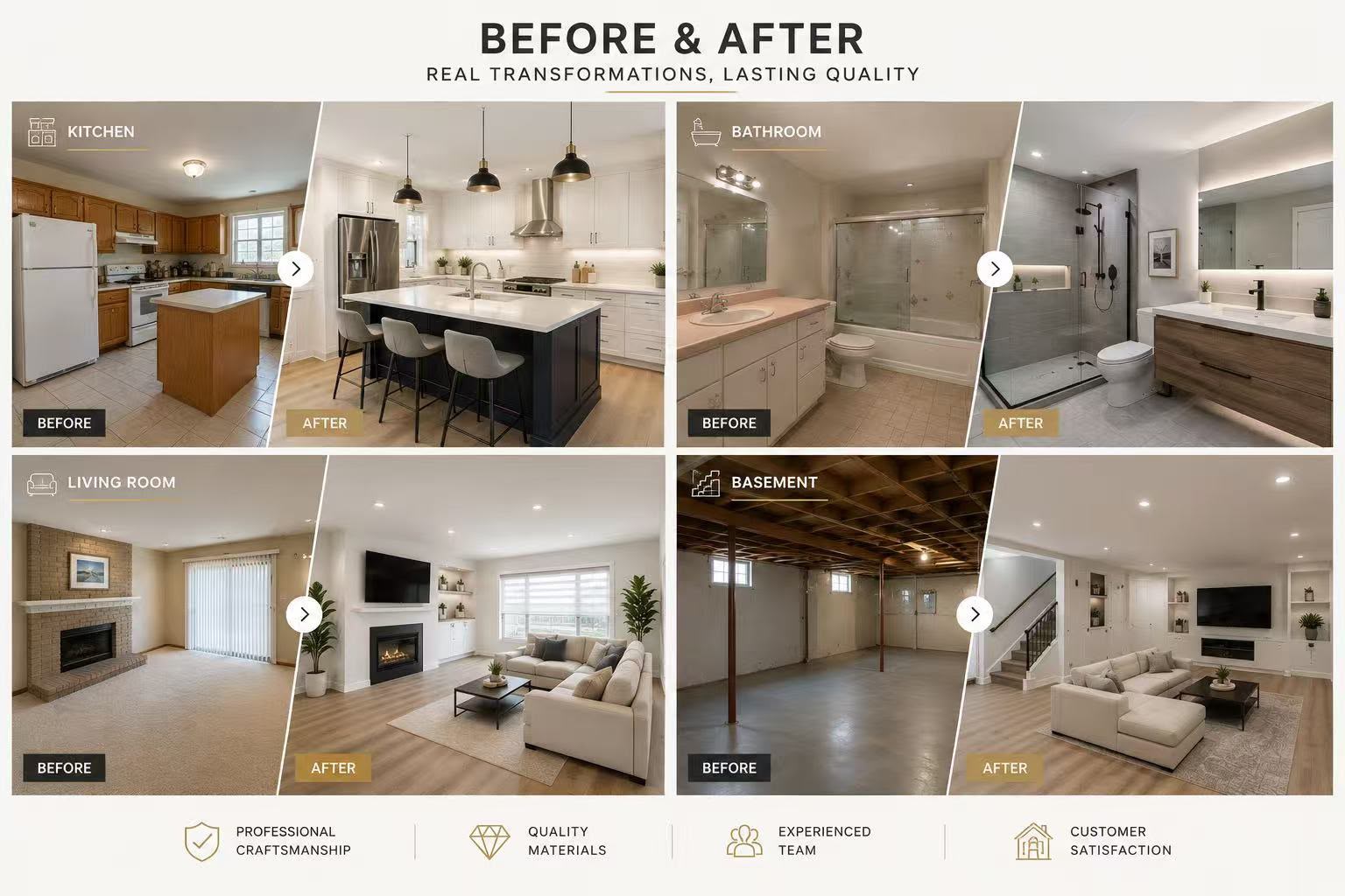 Home Renovations Before & After: Kitchen, Bathroom, Living Room, Basement